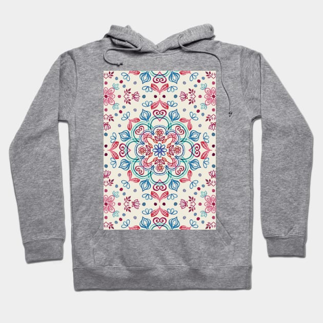 Pastel Blue, Pink & Red Watercolor Floral Pattern on Cream Hoodie by micklyn